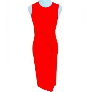 Topshop sleeveless red midi dress, front knot, faux wrap skirt size 4